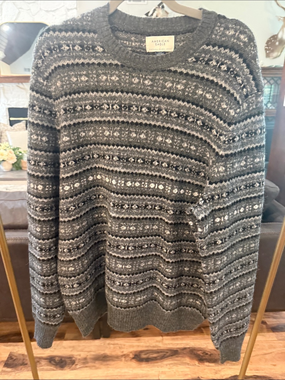 American Eagle Outfitters Gray Patterned Knit Crewneck Sweater and Green Beanie